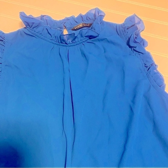 Women’s Medium Royal Blue Ruffled Sleeves and Neck Keyhole Back Dress Blouse EUC - Picture 2 of 6